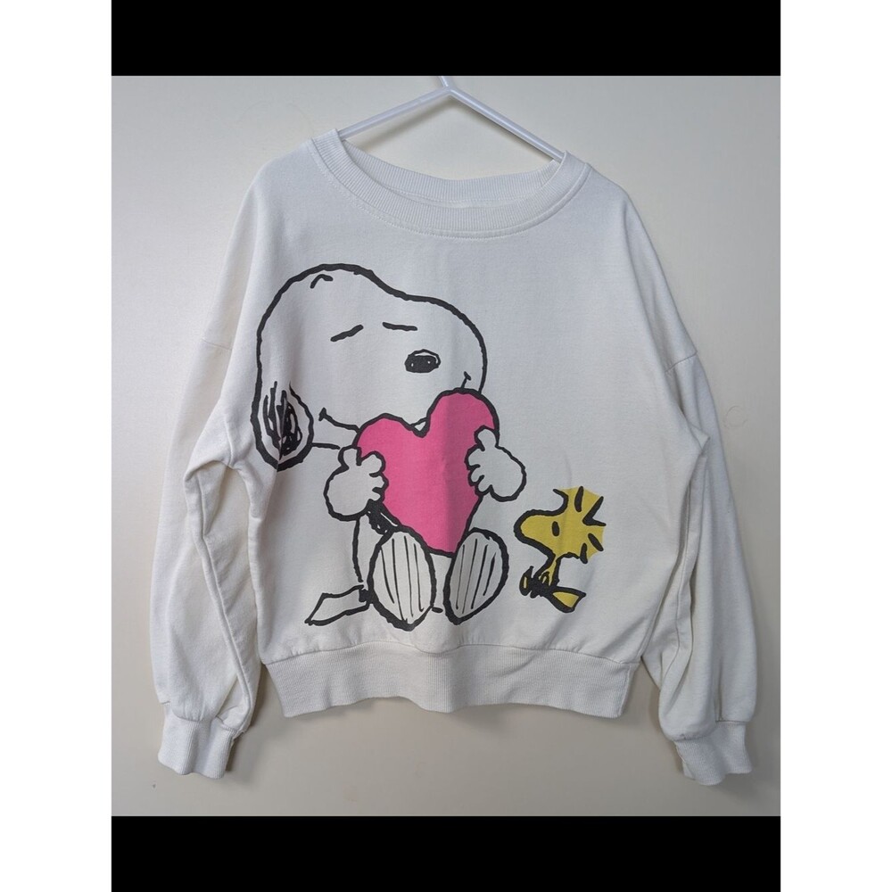PEANUTS Girls M (7-8) White Pink Snoopy  Woodstock Heart Sweatshirt Valentine